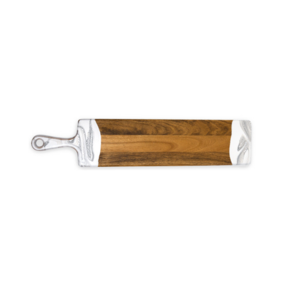 This baguette board made of Acacia wood and crafted with natural eco-friendly white/silver epoxy
