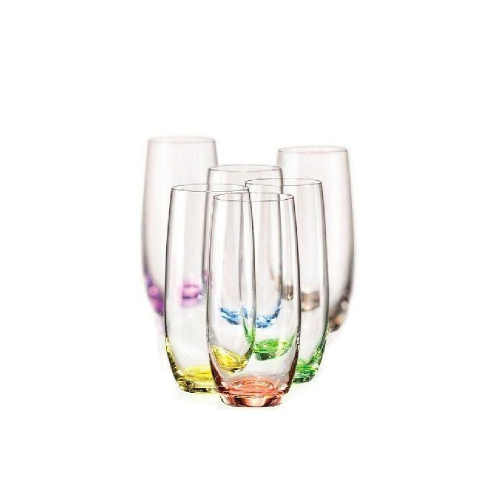 A set of six clear hiball glasses with different colored bases, arranged side by side.