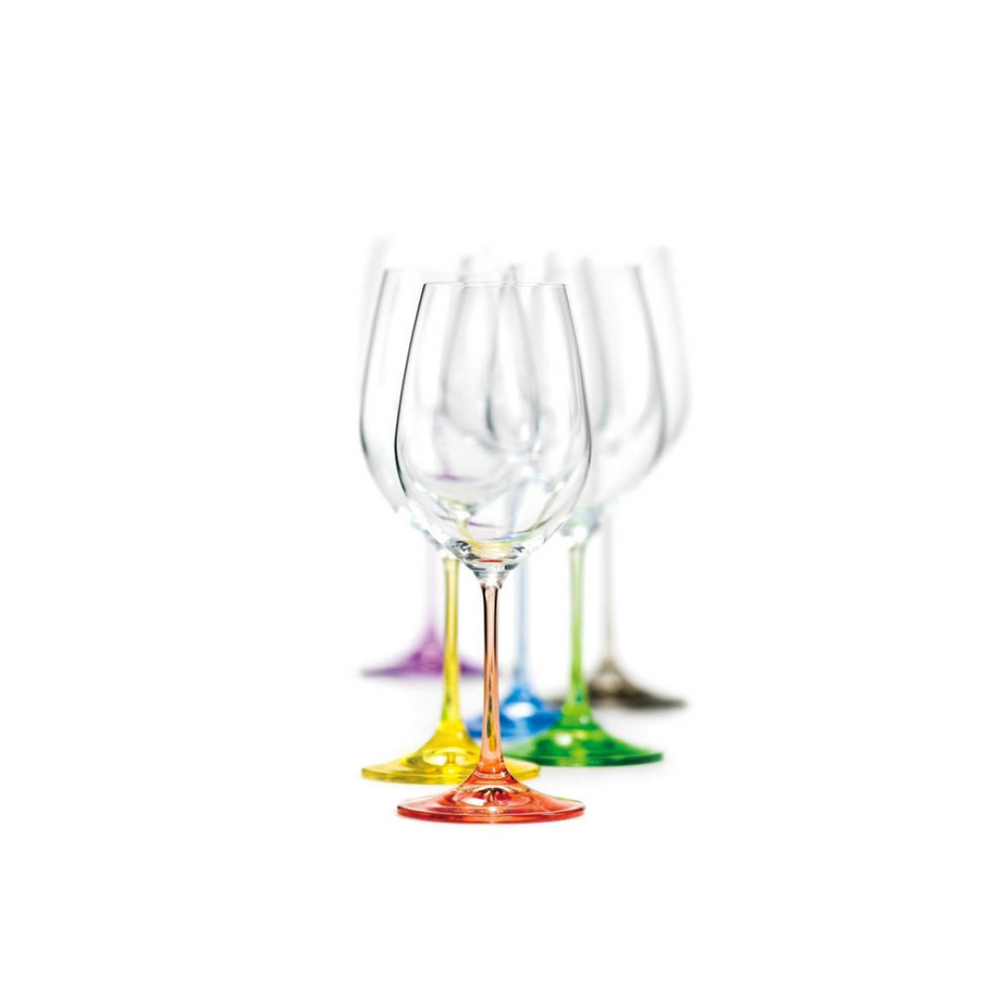 A set of clear white wine glasses with multi-colored stems, displayed against a white background.