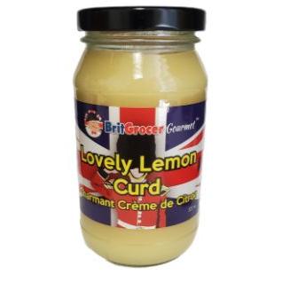 Jar of Lovely Lemon Curd with a British Flag label on a white background