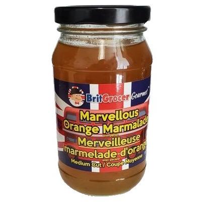 Jar of Marvellous Orange Marmalade with a British Flag label on a white background