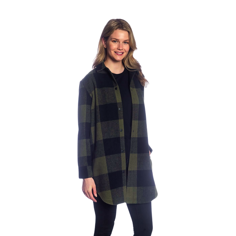 Buffalo Check Long Sleeve Snap Front Shacket - Sage/Black