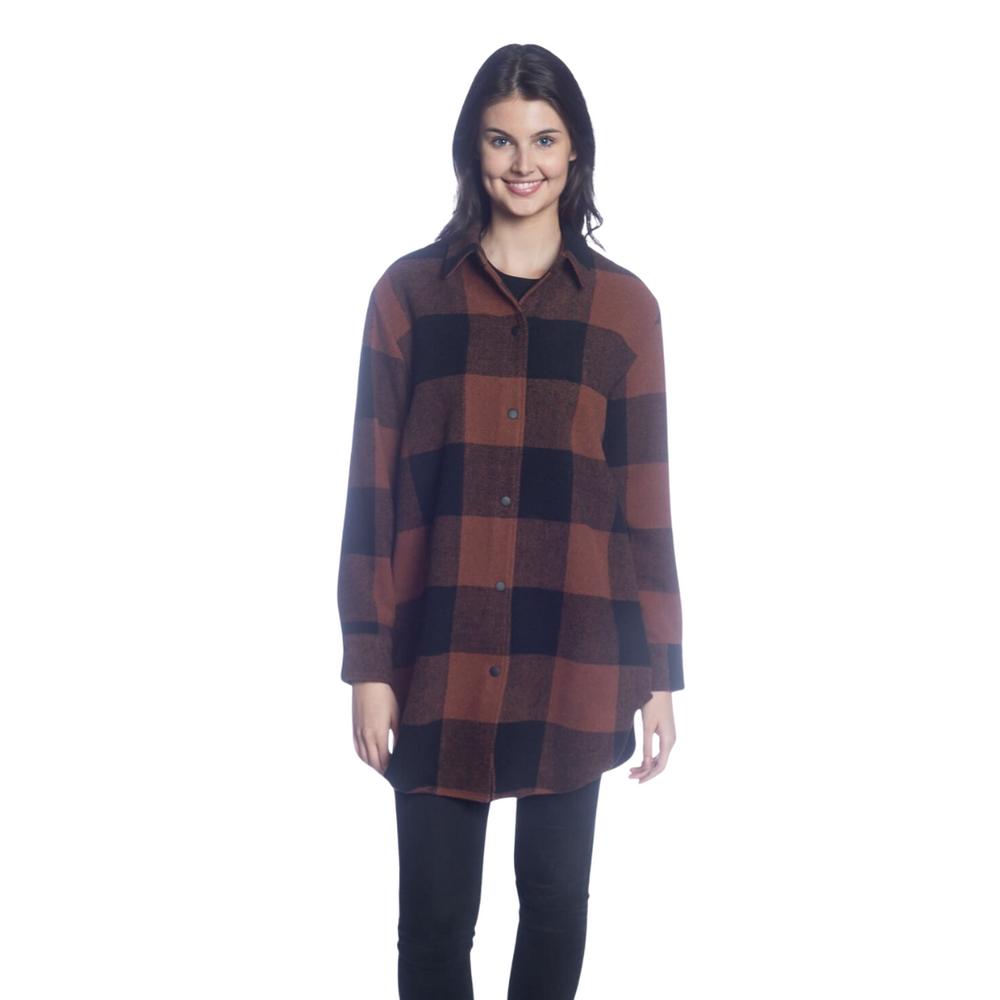 Buffalo Check Long Sleeve Snap Front Shacket - Brown/Black