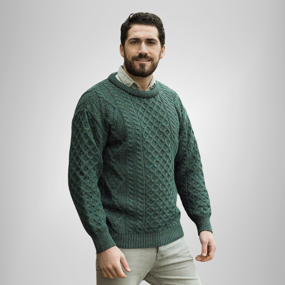 Aran Irish Kildare Crew Neck Sweater - Army Green (C1949)