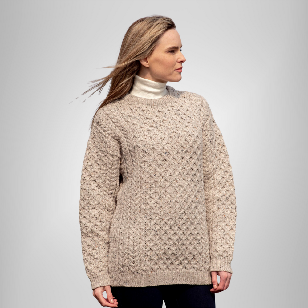 Aran Irish Kildare Crew Neck Sweater - Oatmeal (C1949)