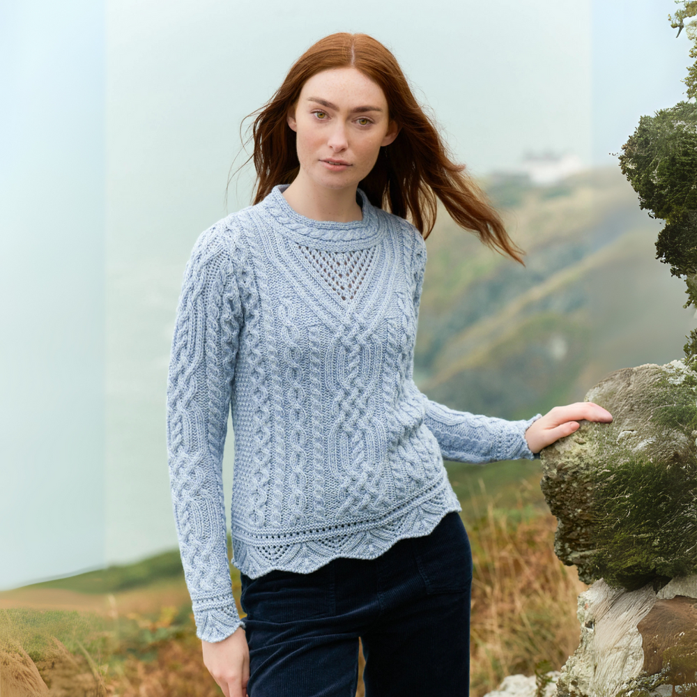Aran Irish Women's Scallop Lace Stitch Sweater - Ice Marl (C5586)