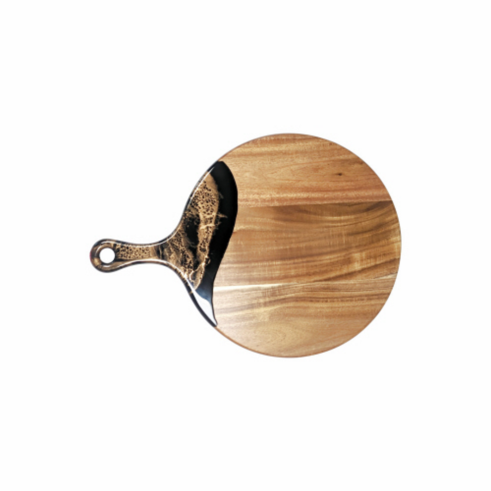 A 12" diameter cheese paddle by Lynn & Liana combines Acacia hardwood and an eco-friendly Black Ember epoxy.