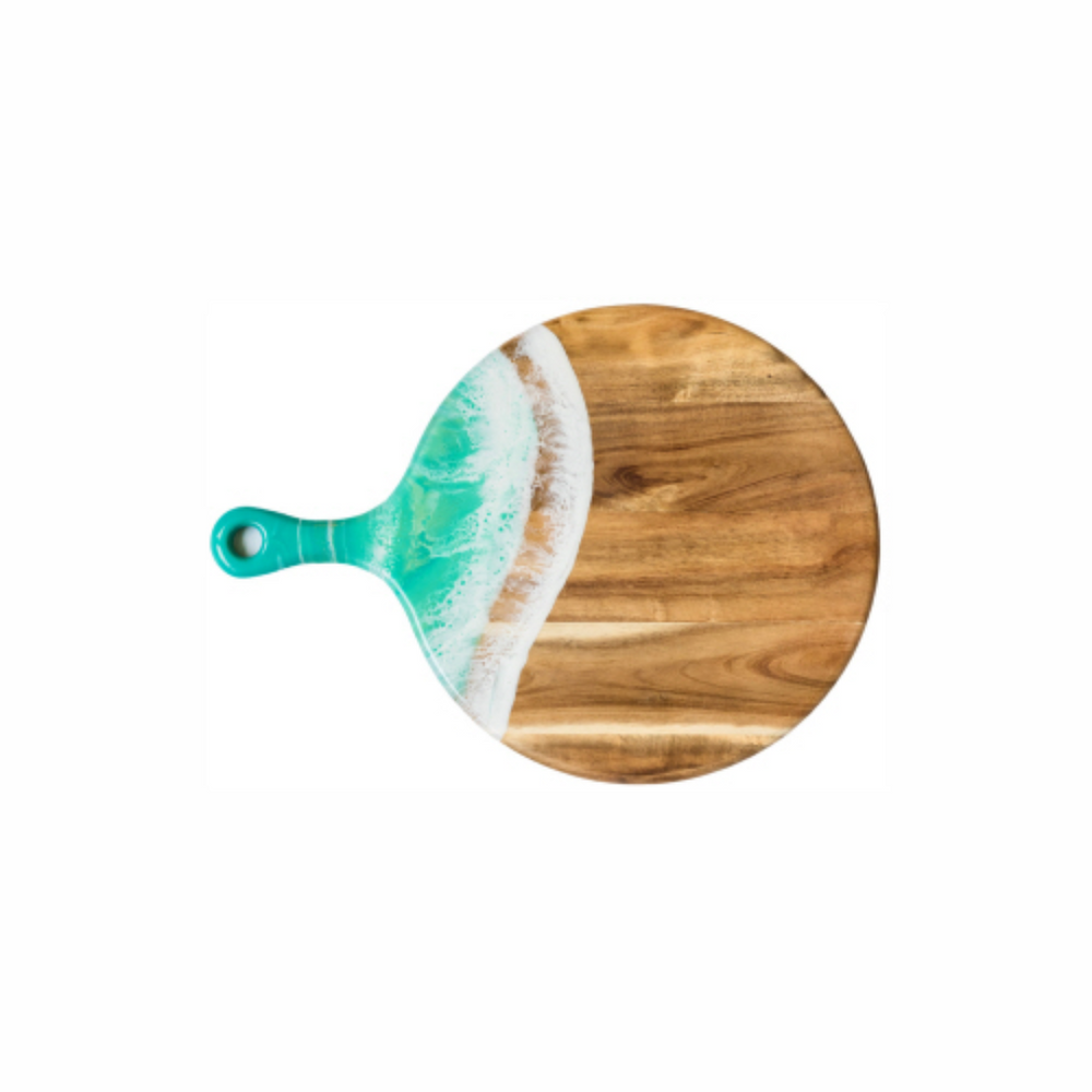 A 12" diameter cheese paddle by Lynn & Liana combines Acacia hardwood and an eco-friendly Caribbean Blue epoxy.