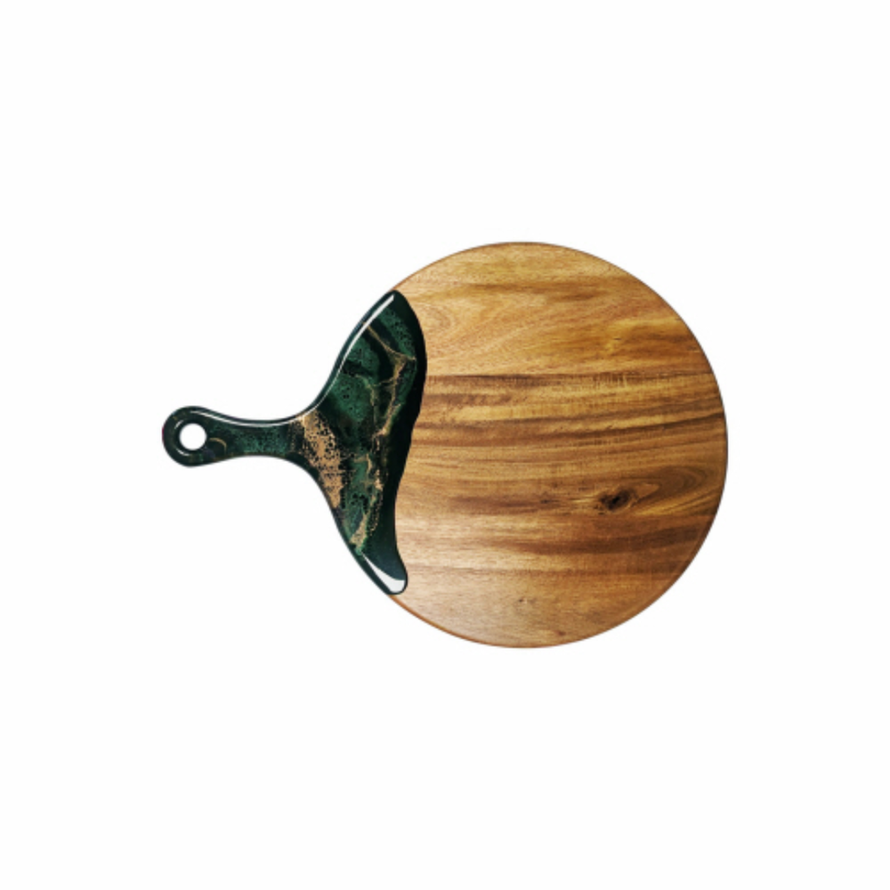 A 12" diameter cheese paddle by Lynn & Liana combines Acacia hardwood and an eco-friendly Jade epoxy.