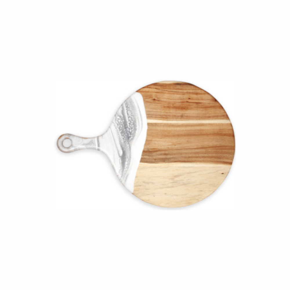 A round cheese paddle with a wooden appearance and a white marble-like pattern towards the edge, with a visible handle.