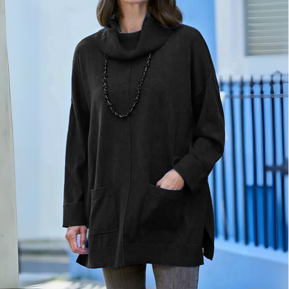 Grand Pullover Black Loose Turtleneck Sweater W/Pockets
