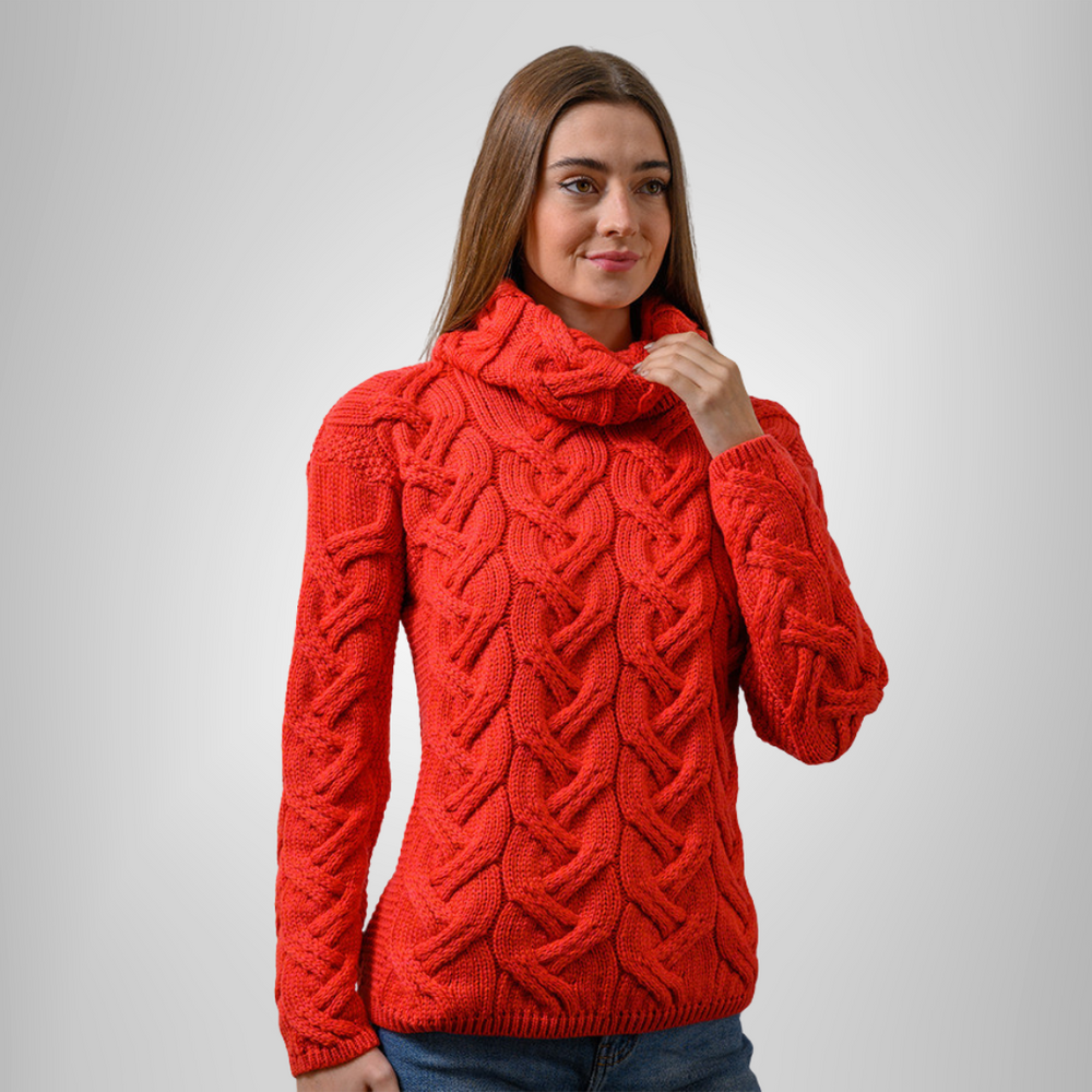 Aran Wool Supersoft Cowl Neck Sweater - Coral (B692 660)