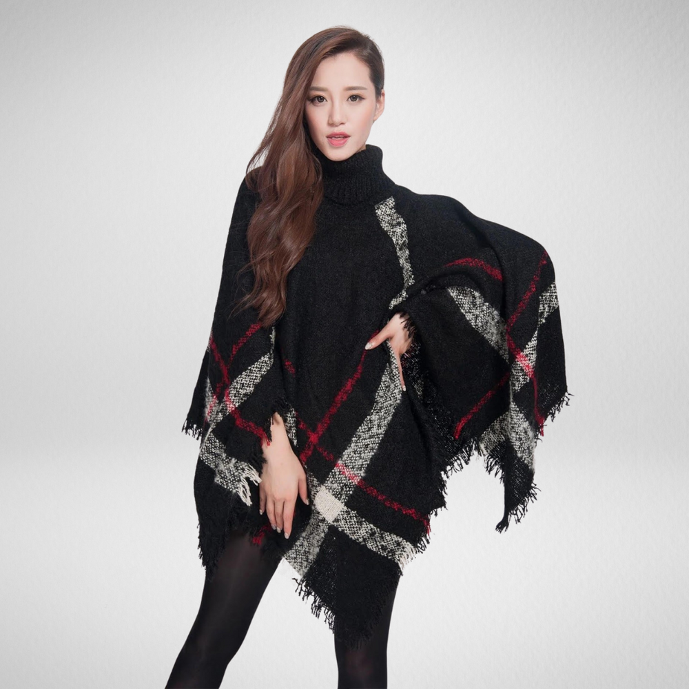 Grand-Cozy Fringed Poncho W/Turtleneck - Black