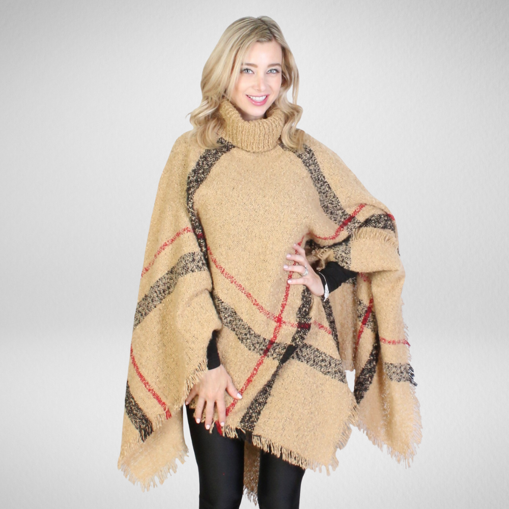 Grand-Cozy Fringed Poncho W/Turtleneck - Khaki