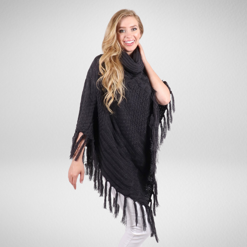 Grand-Cowl Neck Poncho W/Fringes-Black