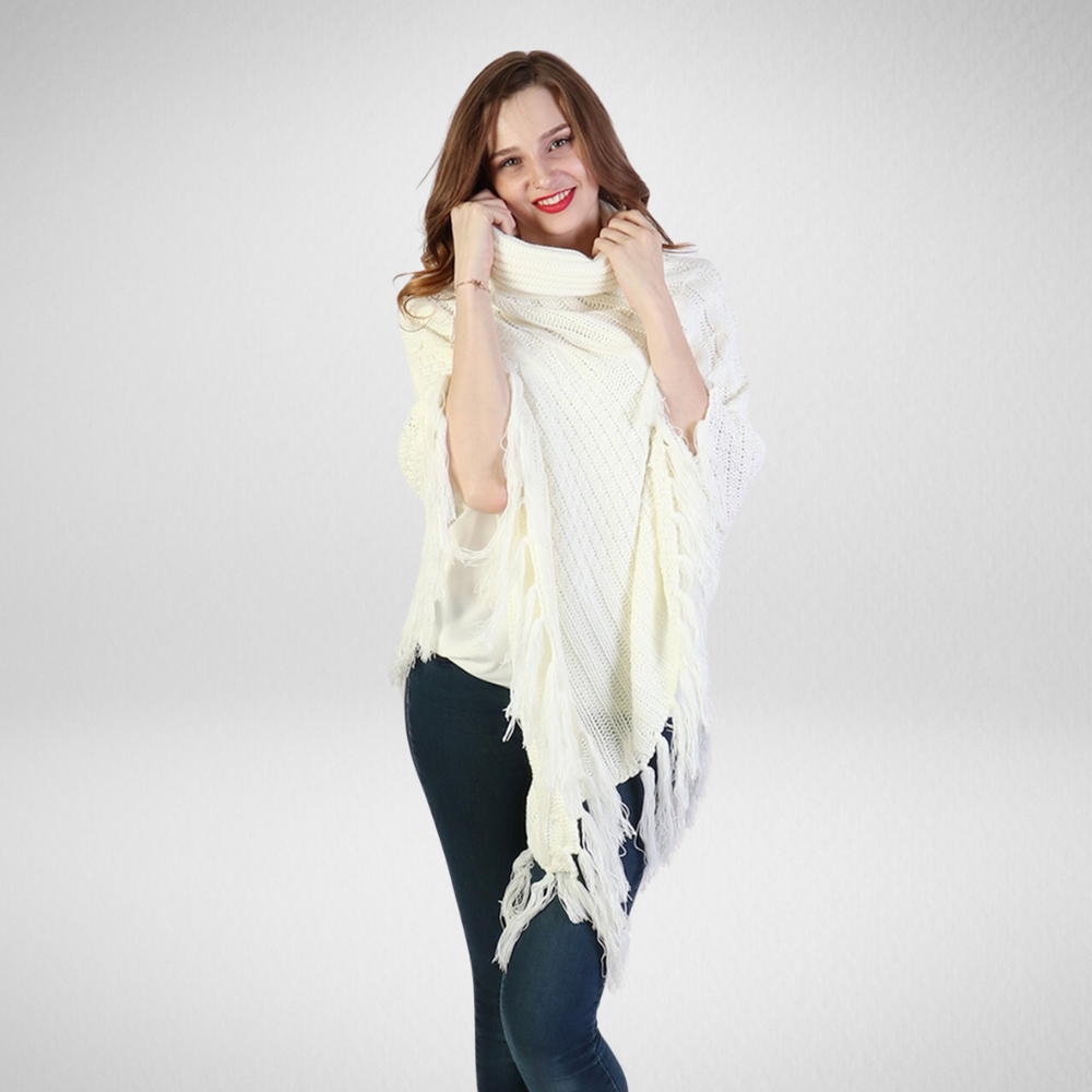 Grand-Cowl Neck Poncho W/Fringes-White