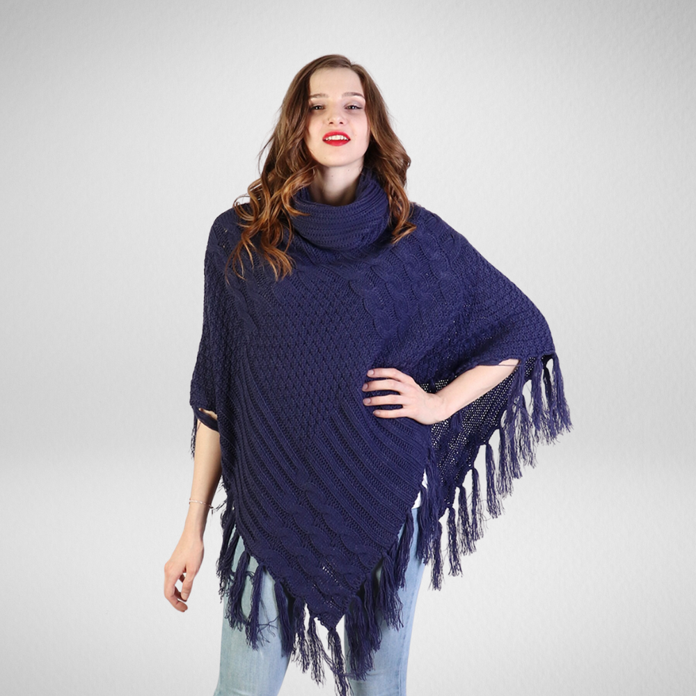 Grand-Cowl Neck Poncho W/Fringes-Navy