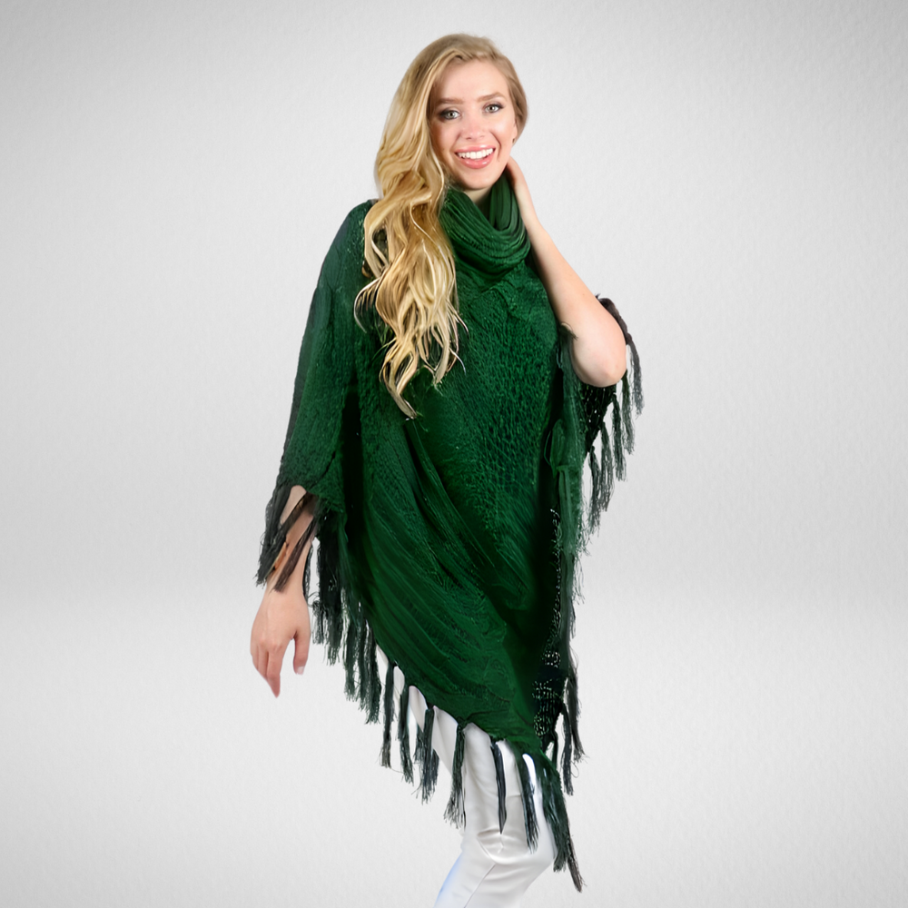 Grand-Cowl Neck Poncho W/Fringes-Dark Green