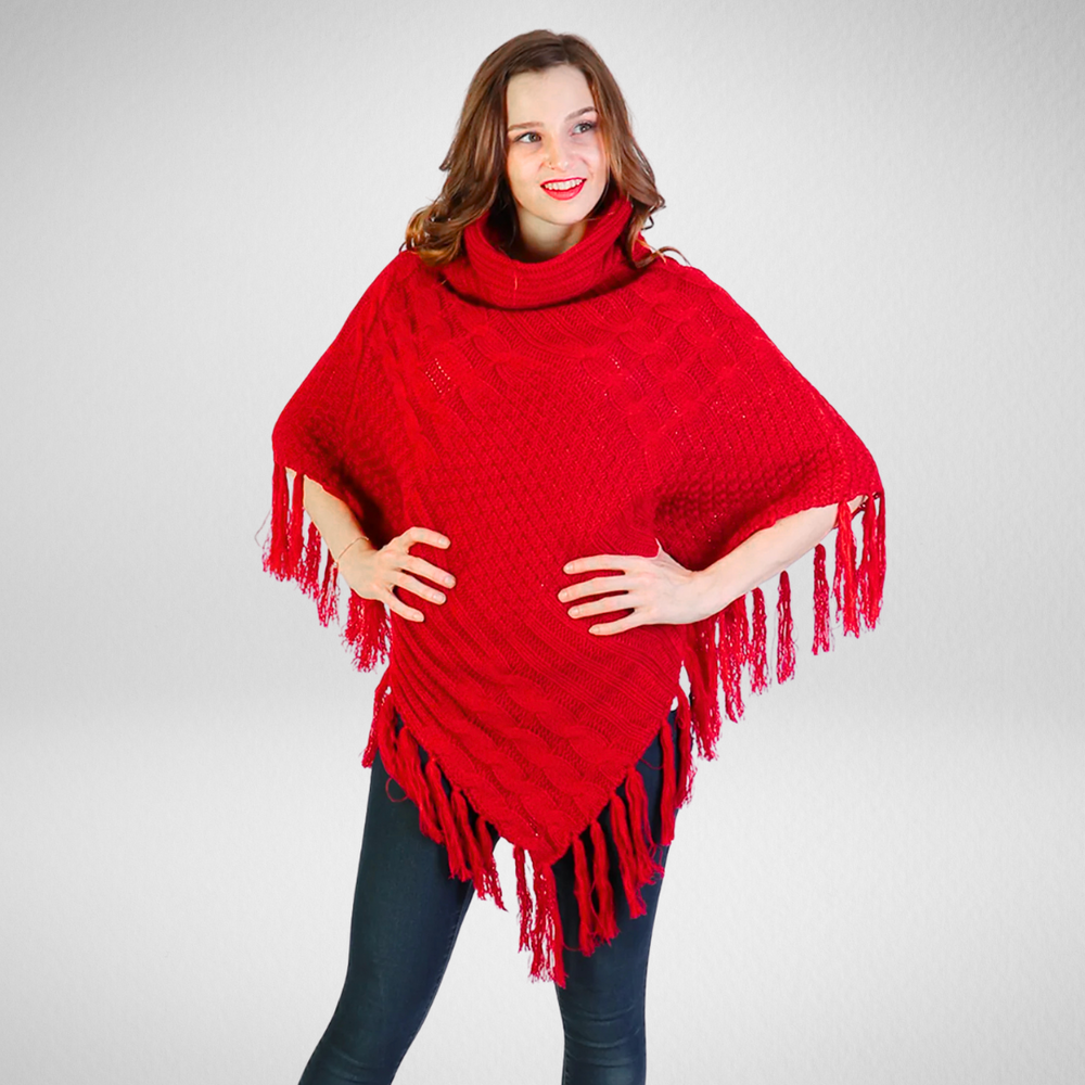 Grand Cowl Neck Red Fringed Poncho