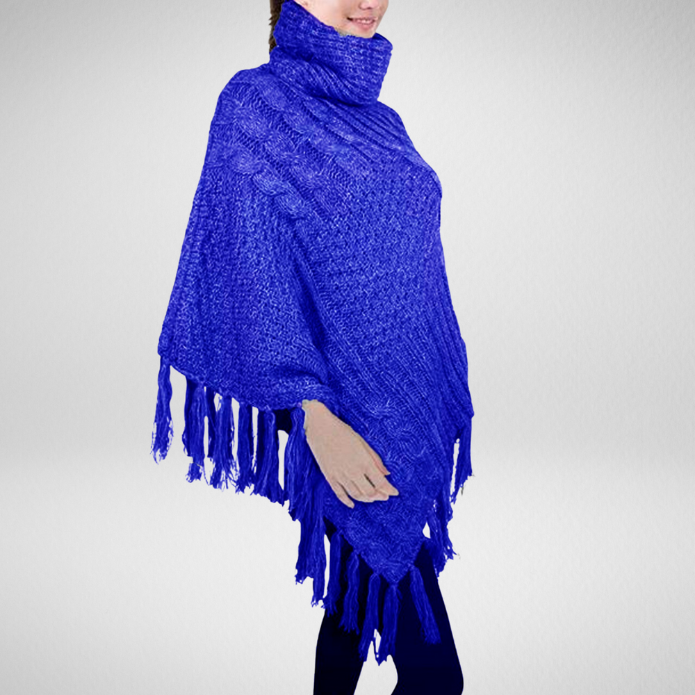 Grand Cowl Neck Royal Blue Fringed Poncho