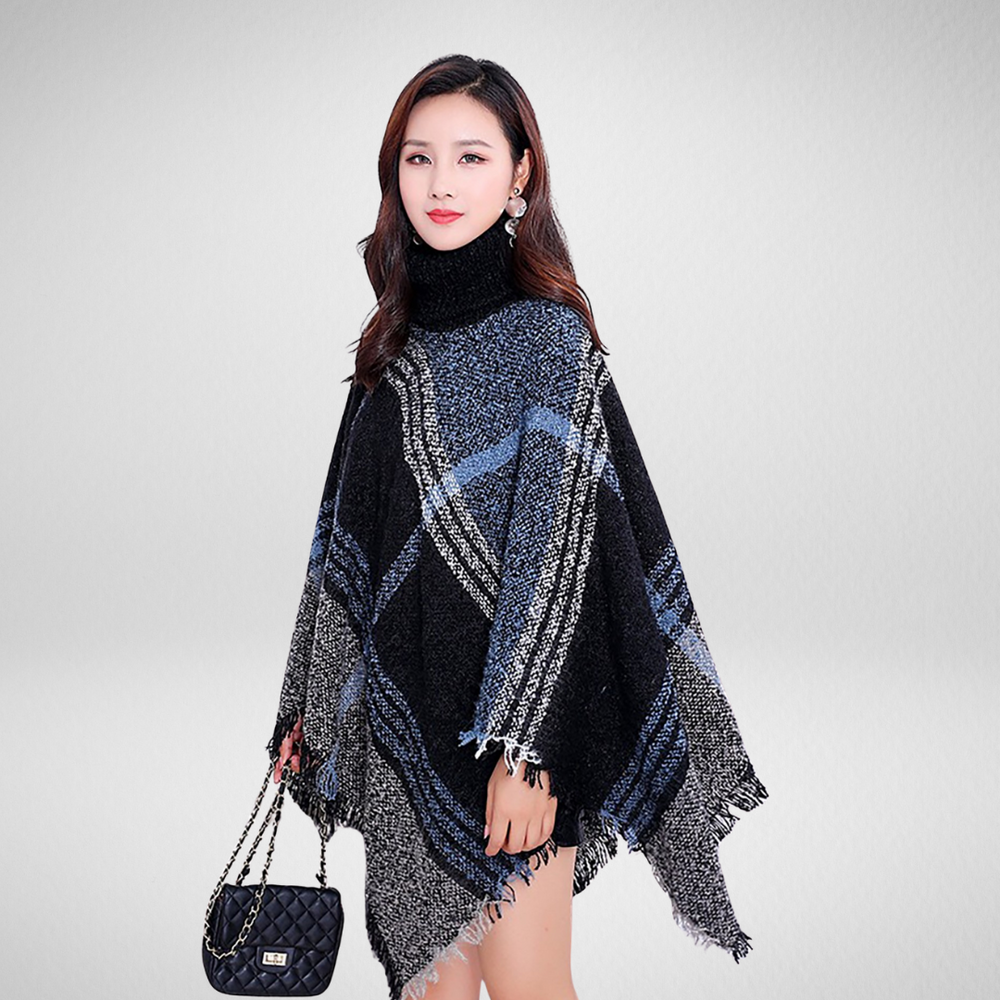 Grand Plaid Loose Neck Navy Poncho
