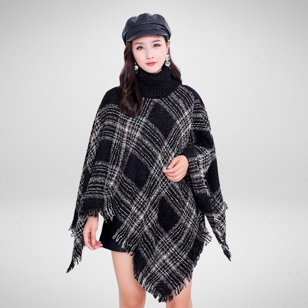 Grand Plaid Loose Neck Black Poncho