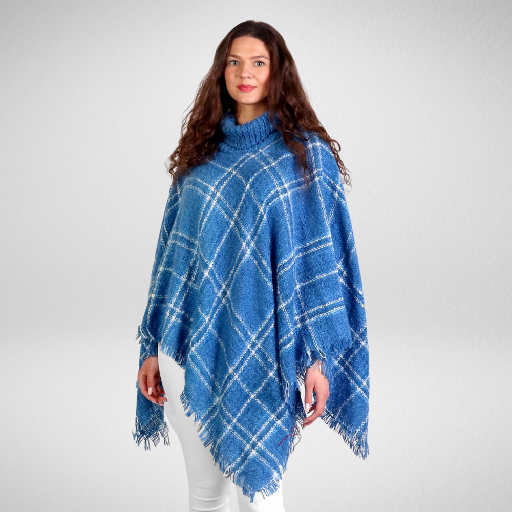 Grand-Cozy Fringed Poncho W/Turtleneck - Turquoise