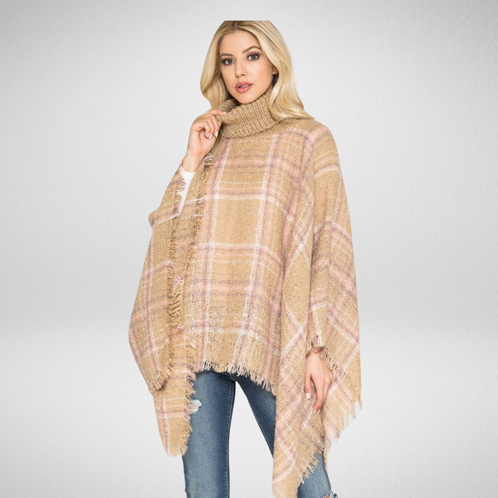 Grand-Cozy Fringed Poncho W/Turtleneck - Camel