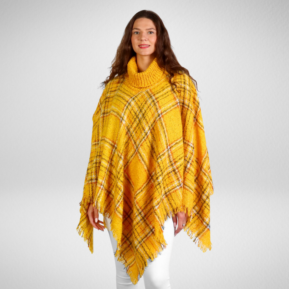 Grand-Cozy Fringed Poncho W/Turtleneck - Yellow