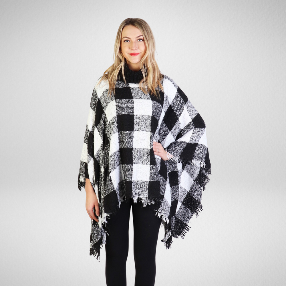 Grand-Cozy Fringed Poncho W/Turtleneck - Black/White