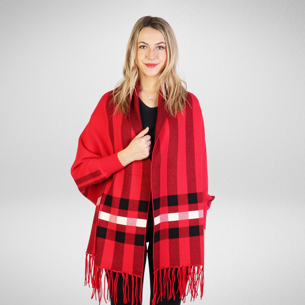 Grand-Cashmere Feel Red Stripe Cape W/Sleeves