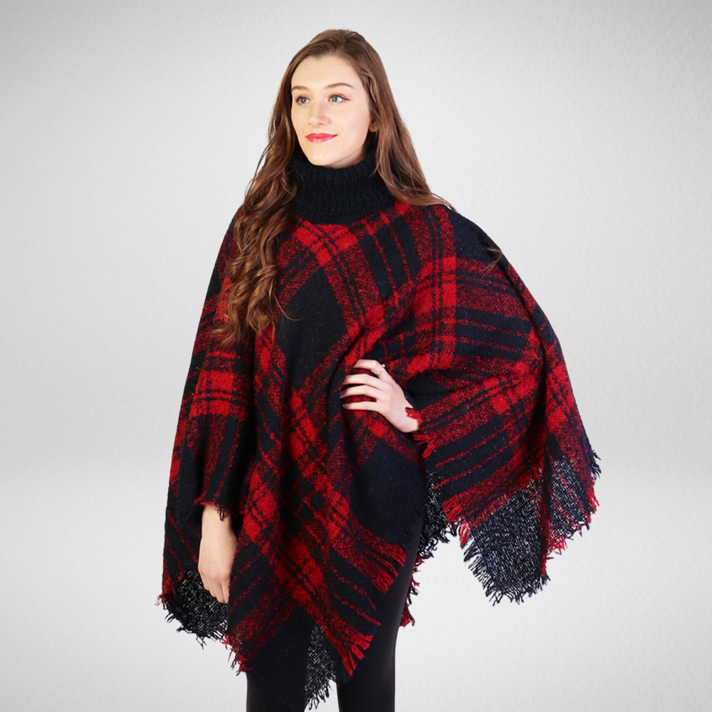Grand Plaid Loose Neck Red/Navy Poncho