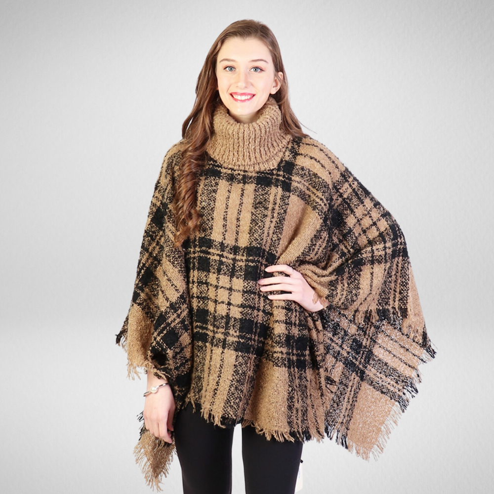 Grand-Cozy Fringed Poncho W/Turtleneck - Taupe