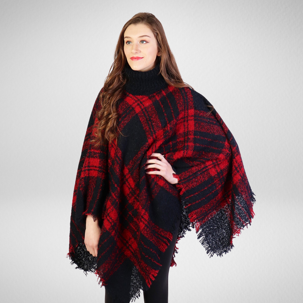 Grand-Cozy Fringed Poncho W/Turtleneck - Red/Black