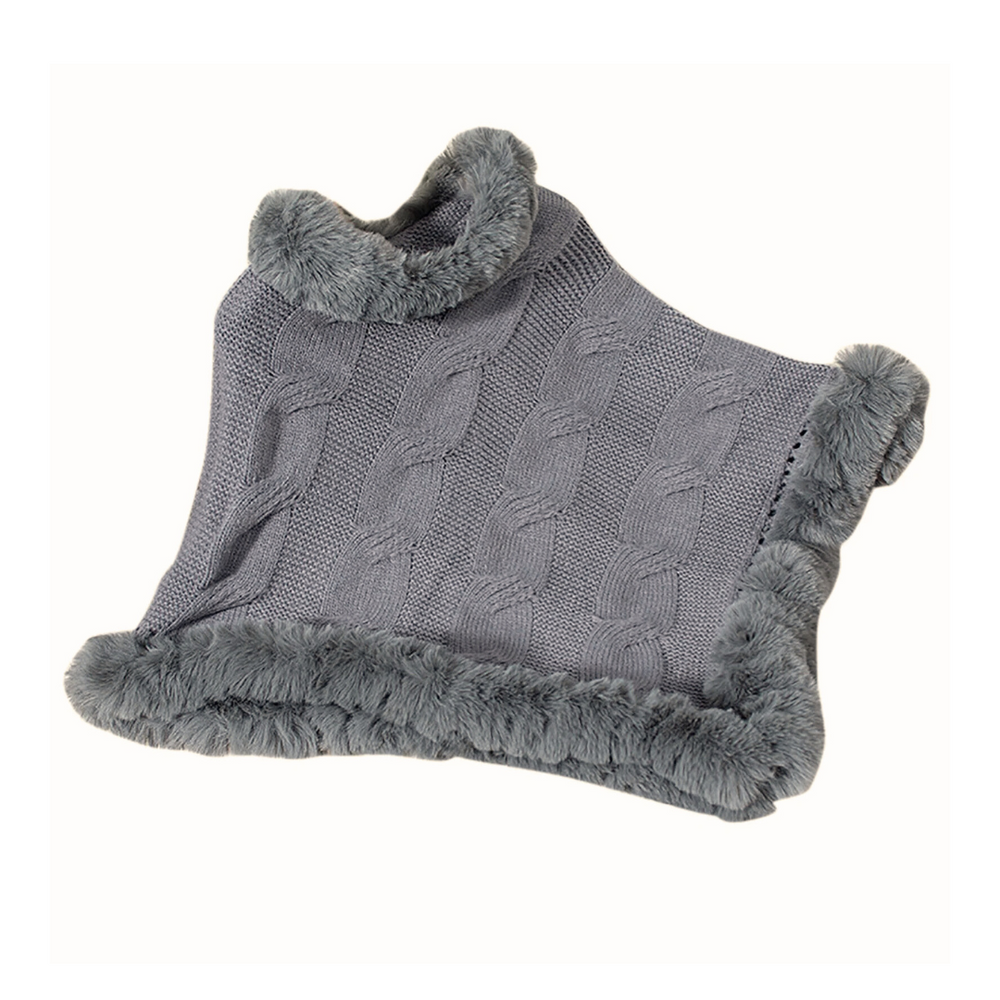 Grand Fur Collar & Trim Grey Knit Poncho