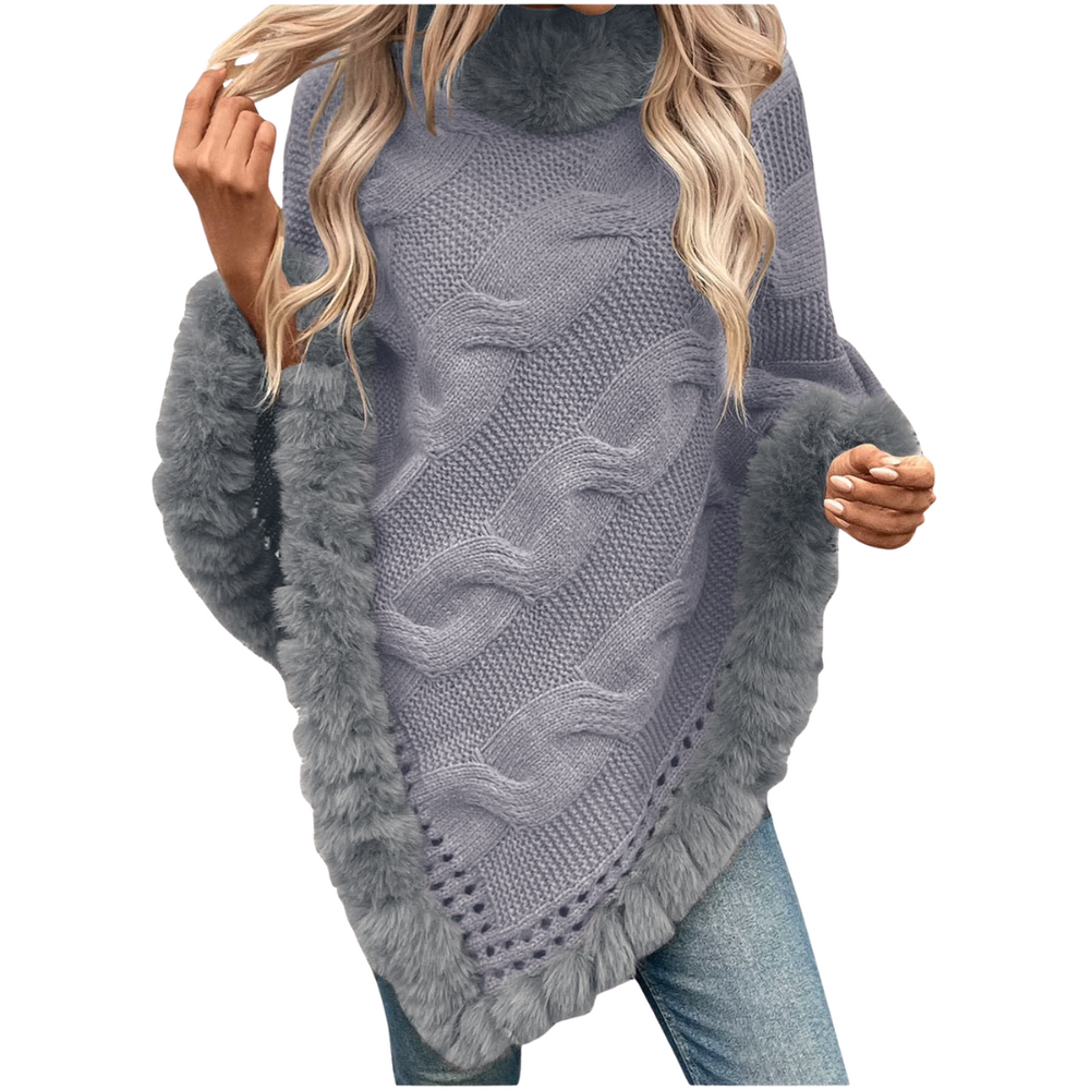 Grand Fur Collar & Trim Grey Knit Poncho