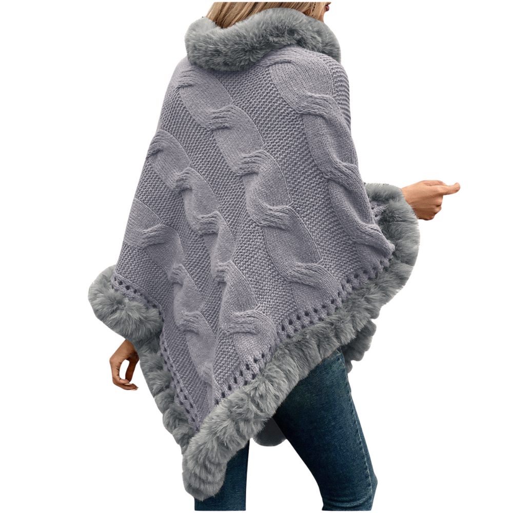 Grand Fur Collar & Trim Grey Knit Poncho