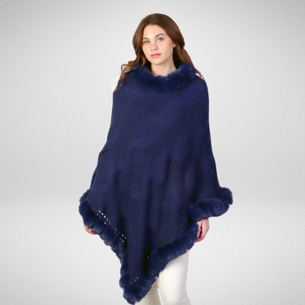 Grand-Fur Collar & Trim Knit Poncho-Navy