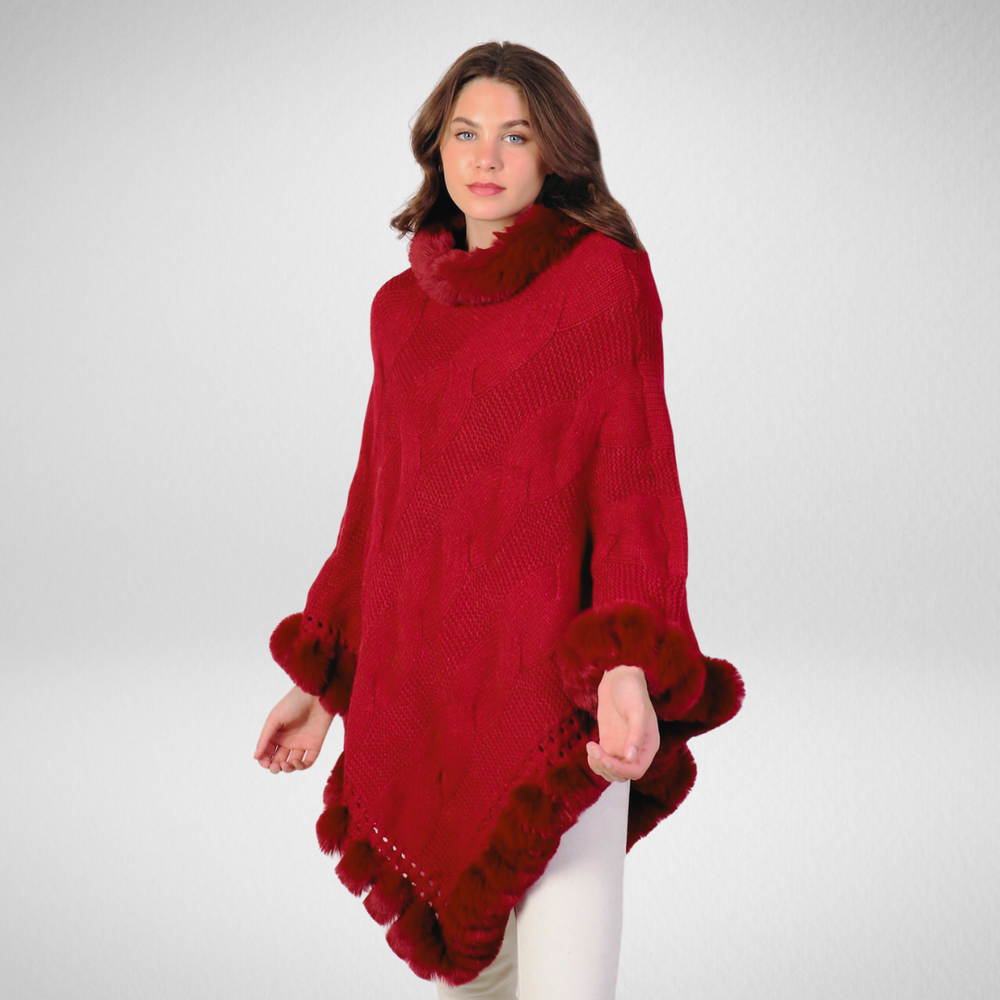 Grand-Fur Collar & Trim Knit Poncho-Burgundy