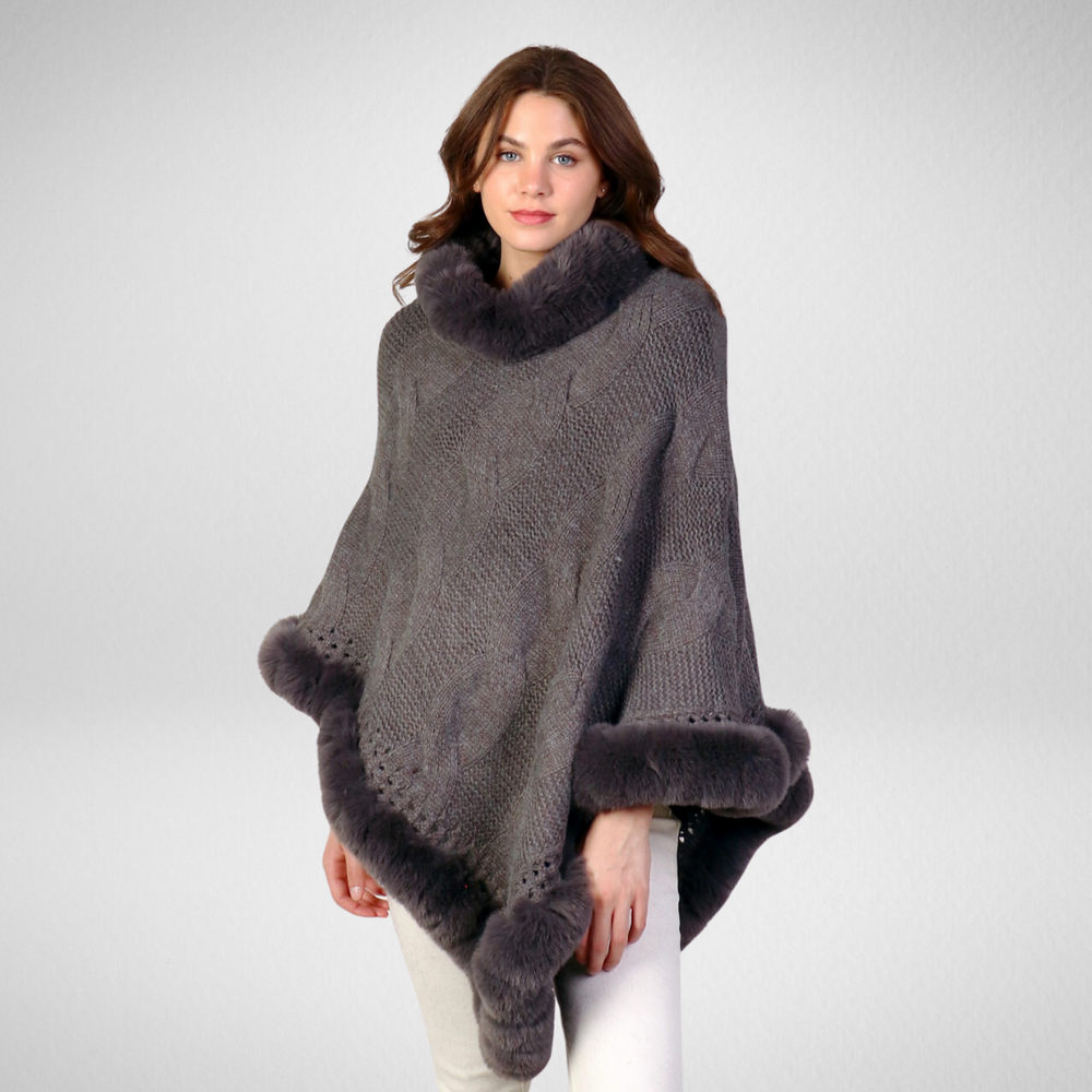 Grand-Fur Collar & Trim Knit Poncho-Dark Grey