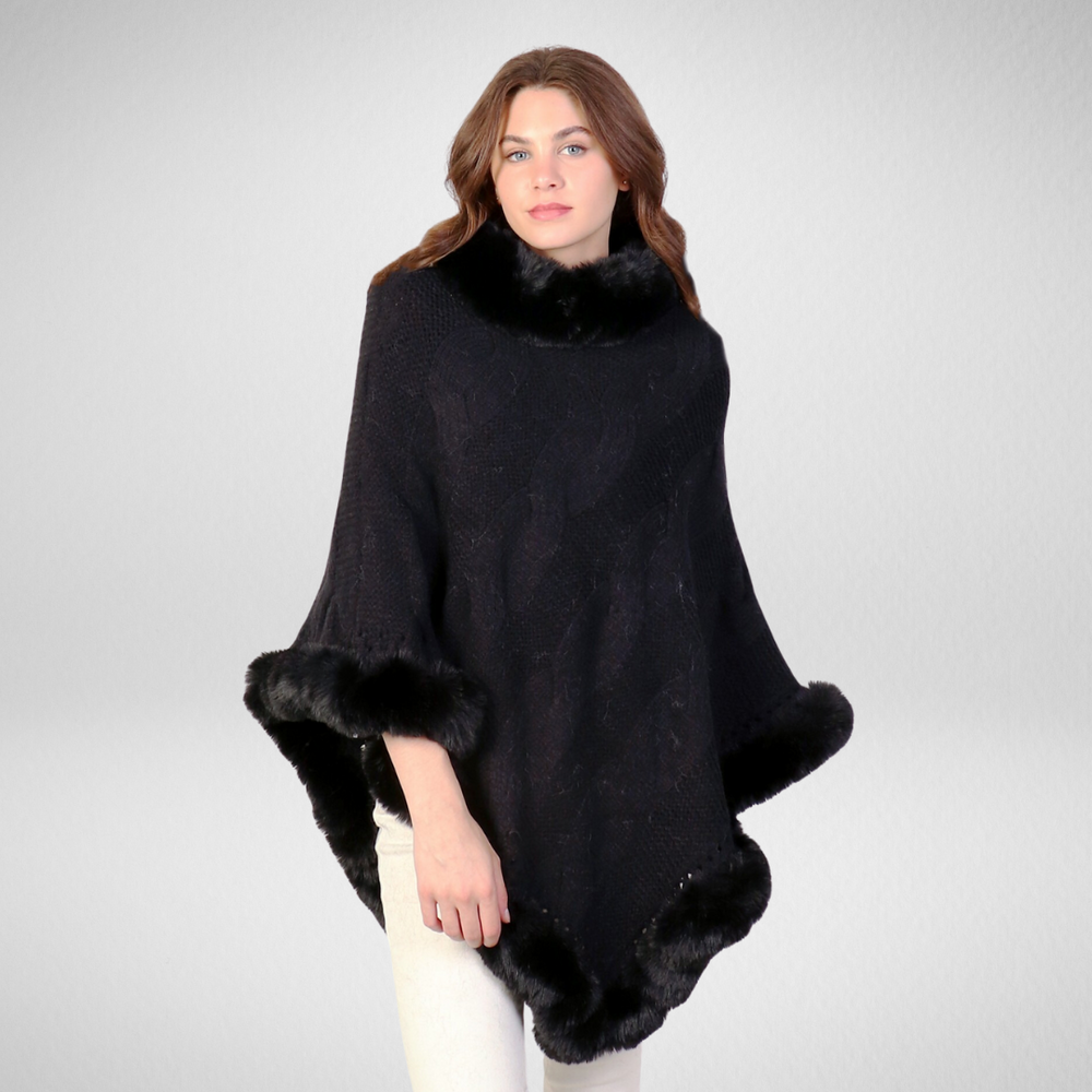 Grand-Fur Collar & Trim Knit Poncho-Black