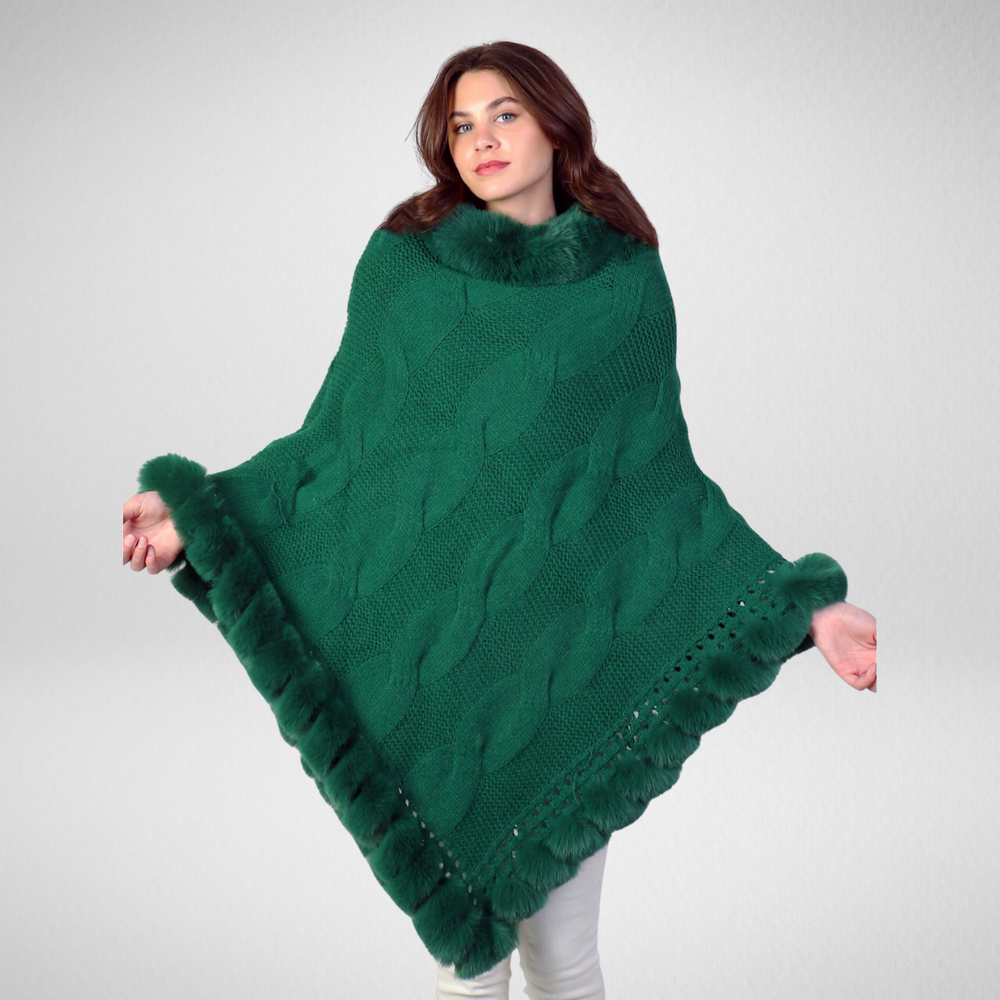 Grand-Fur Collar & Trim Knit Poncho-Green