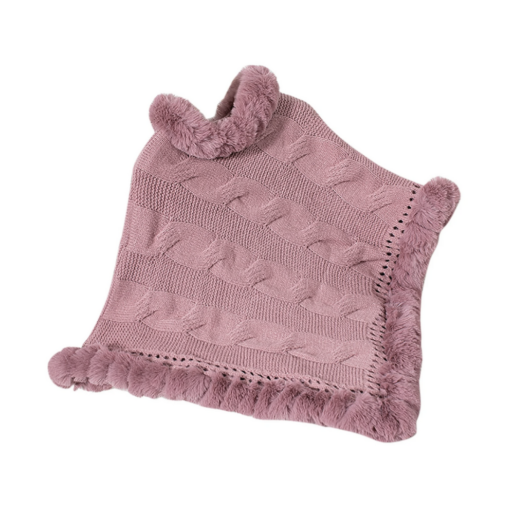 Grand Fur Collar & Trim Pink Knit Poncho