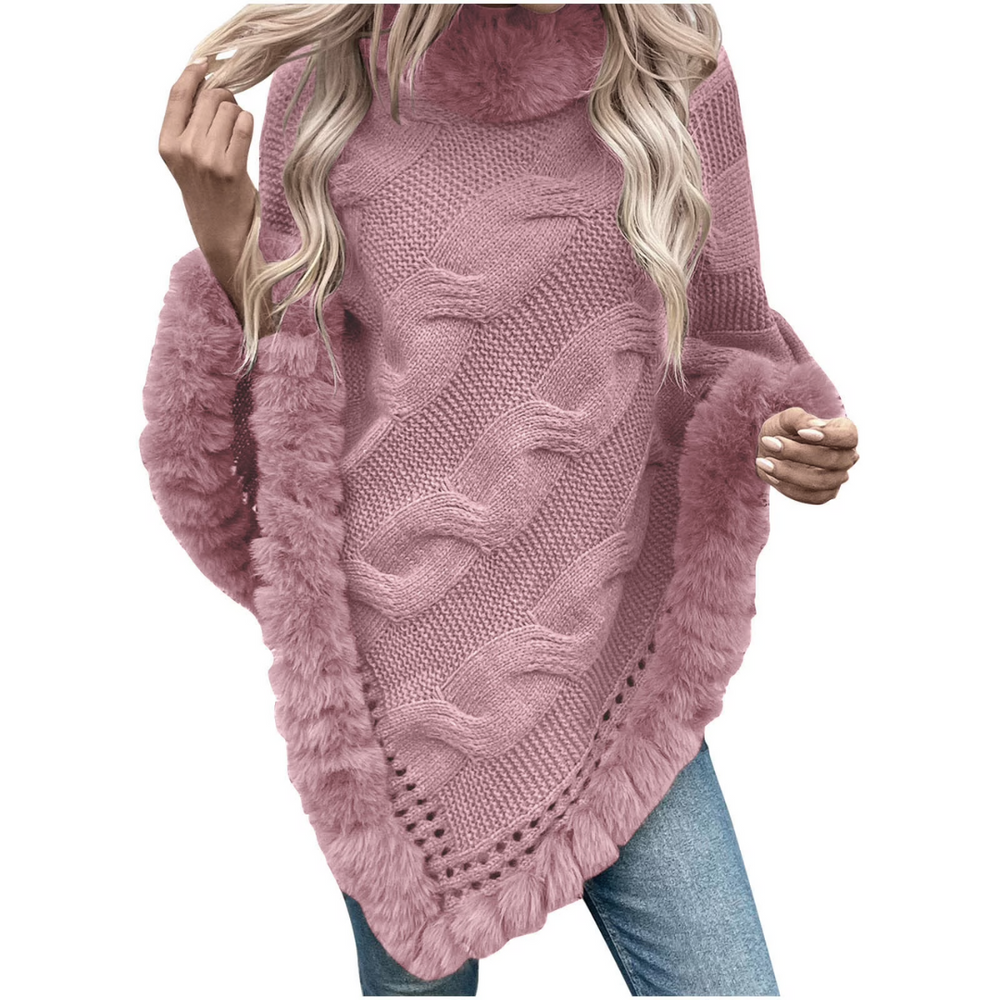 Grand Fur Collar & Trim Pink Knit Poncho
