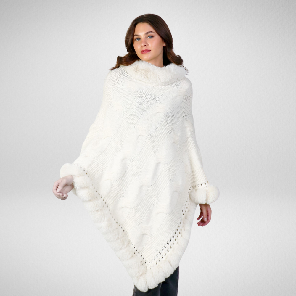 Grand-Fur Collar & Trim Knit Poncho-Cream