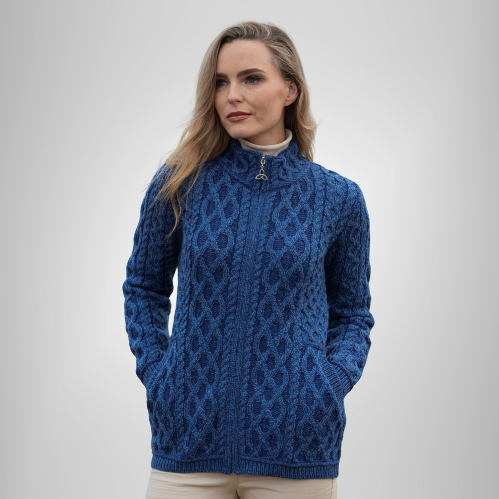 Aran Irish Short Plated Zip Cardigan w/Pockets - Marl Blue (Z4689)