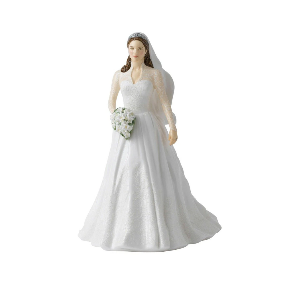 Princess Catherine in a white wedding dress on a white background