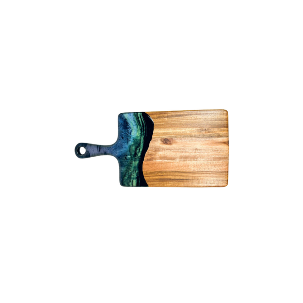 A medium-sized cheese board made of Acacia hardwood with a unique blue and green epoxy design.