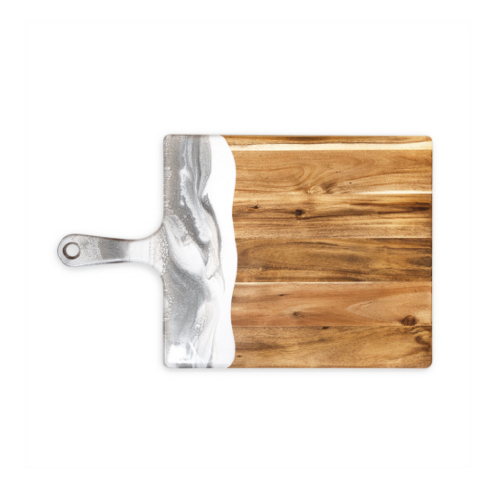 An Acacia hardwood cheese board with a marble pattern on the handle and eco-friendly epoxy trim, on a white background.