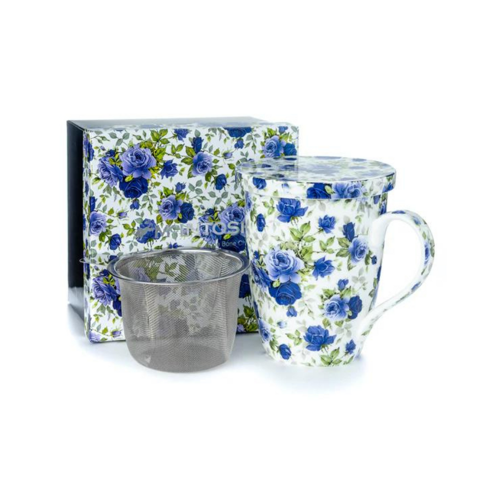 Pretty Chintzy Dark Blue Roses Tea Mug